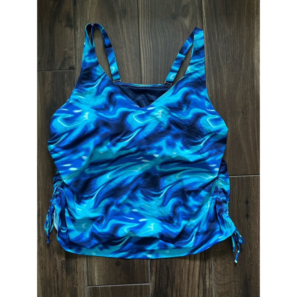 Lands End Blue Swirl Marble Ruched Tankini Swim Top V-Neck Plus Size 26W